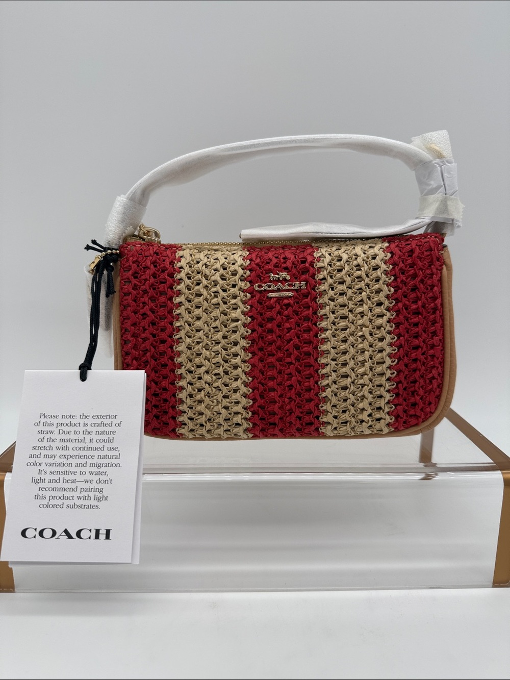 Coach Nolita 19 Straw and Leather Clutch Wristlet Shoulder Bag Gold/Red/Tan